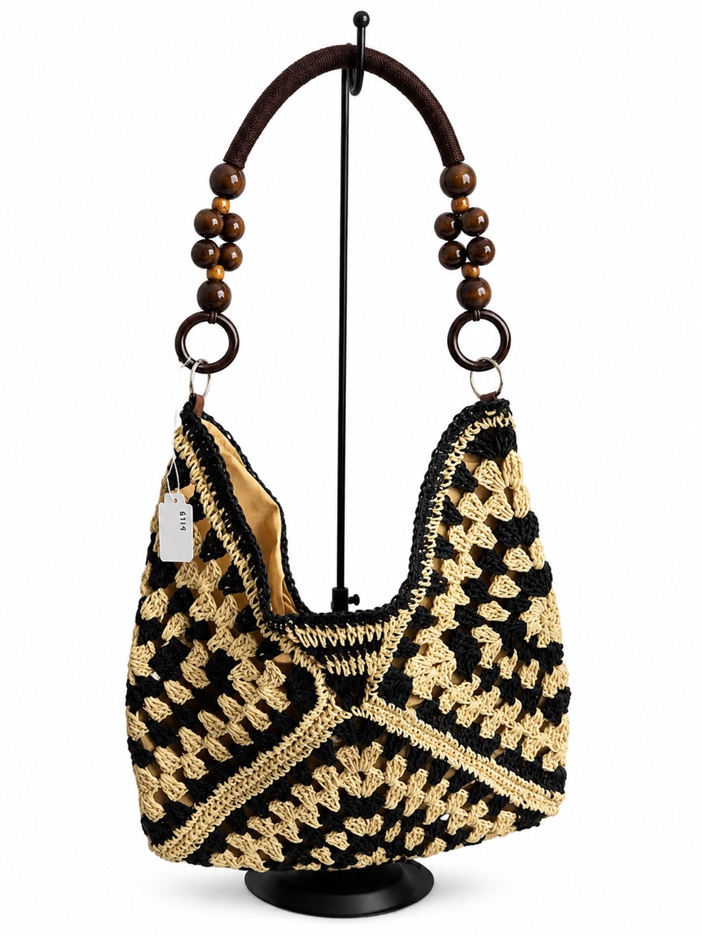Handwoven Crochet Hobo Shoulder Bag with Beaded Handle - Black & Beige